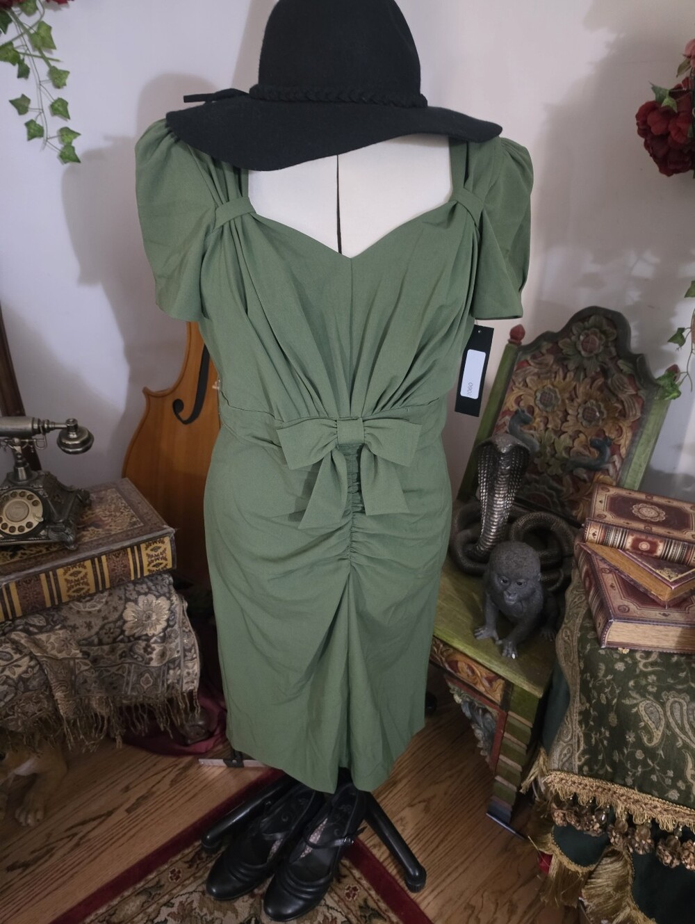 Stop Staring Olive Green Midi Dress with Front Bow